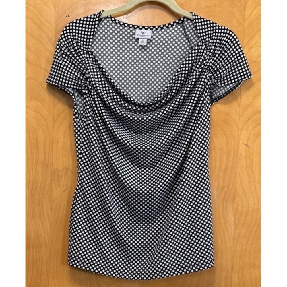 Worthington Womens Cowl Front Black & White Polka Dot Cap Sleeve Blouse Size M